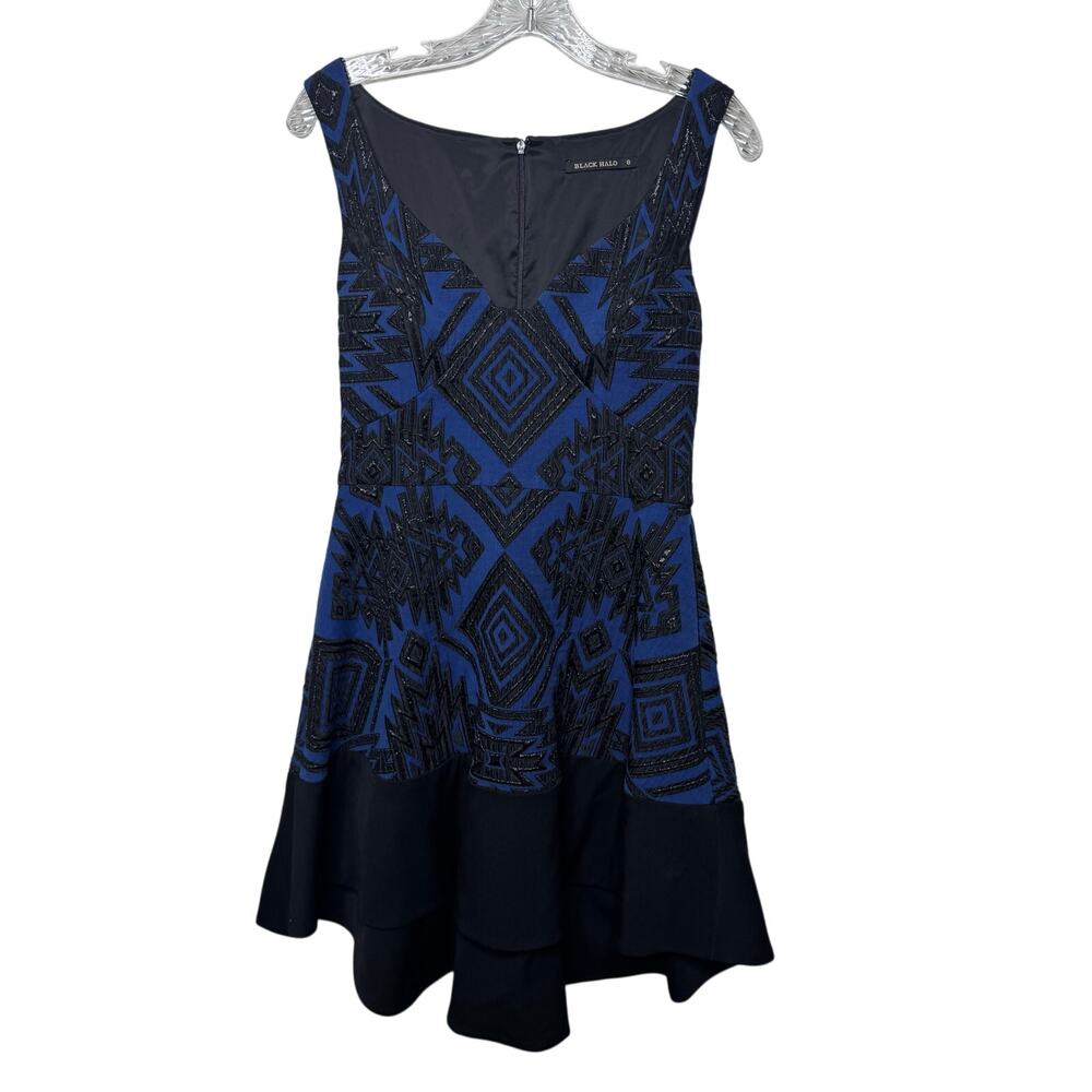 Black Halo Blue Black Sleeveless Cocktail Dress Sz 8 Aztec Sequin‎ Party Formal